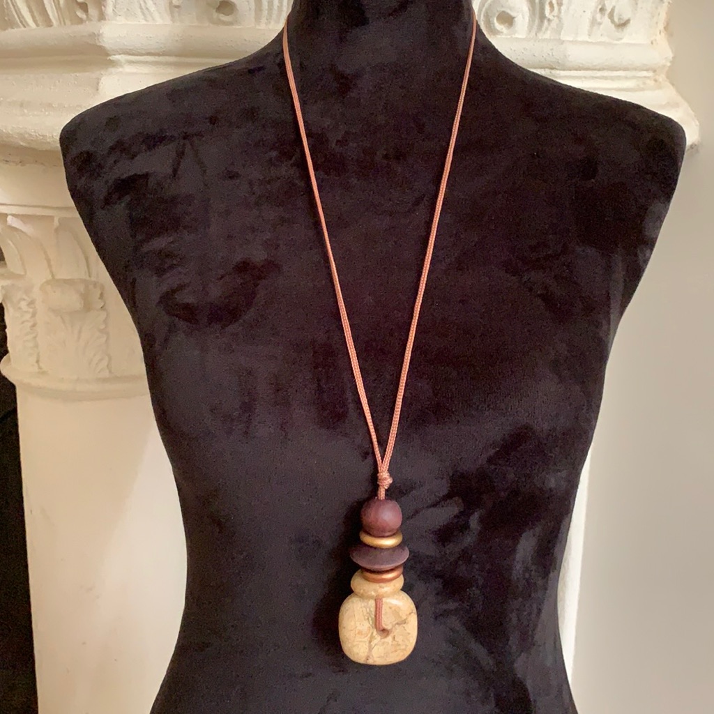 Polished Natural Stone & Wood Beaded Necklace